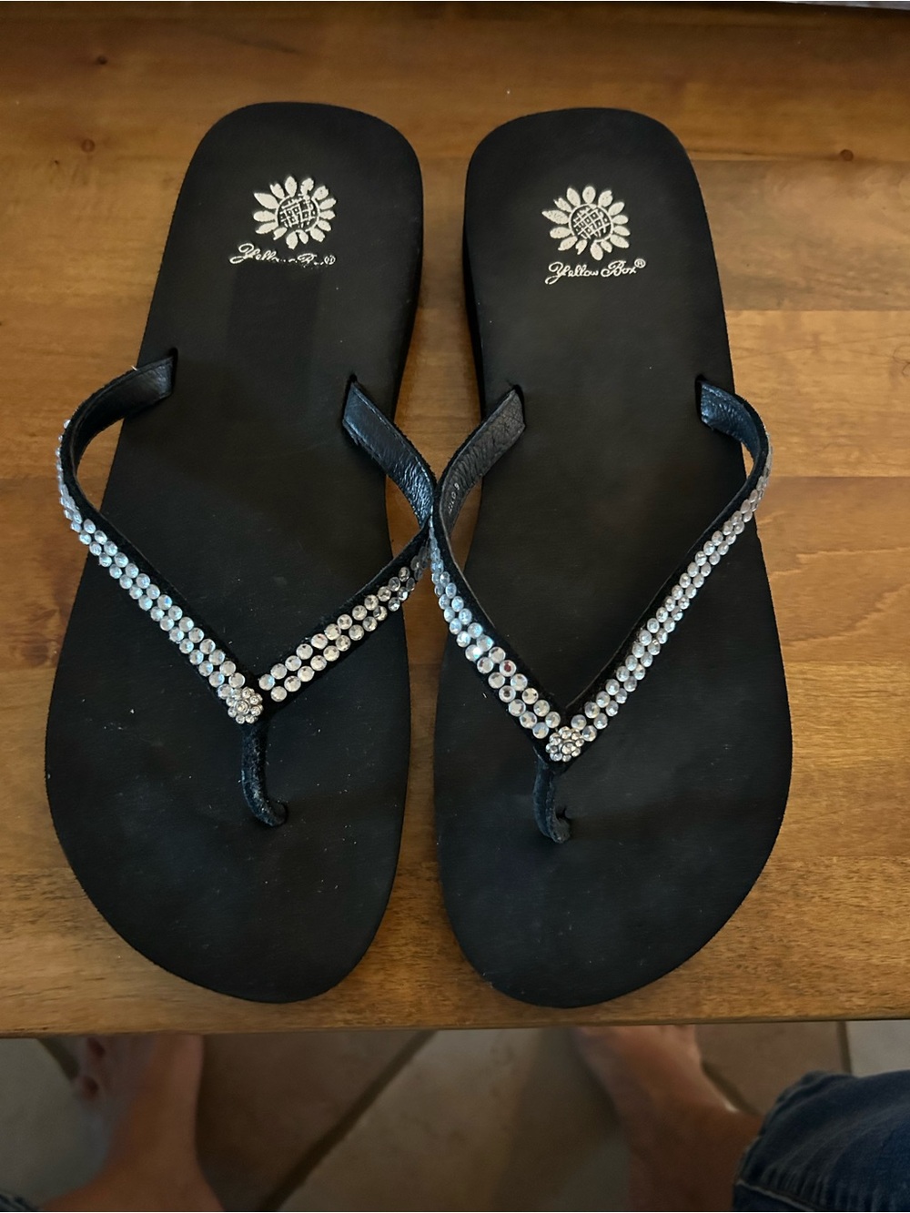 Yellow Box Black Rhinestone Thong Sandals